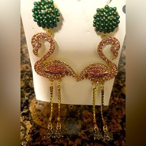Flamingo earrings with pink and green rhinestones. New